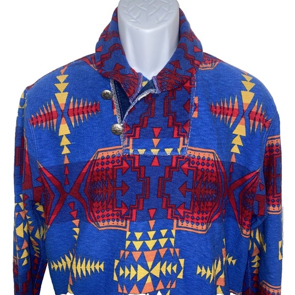 Ralph Lauren Polo Blue Red Aztec Shawl Sweater Snow Beach Stadium Size Medium - Picture 2 of 13